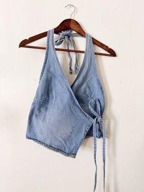 SHEIN Light Blue Denim Wrap Halter Top small